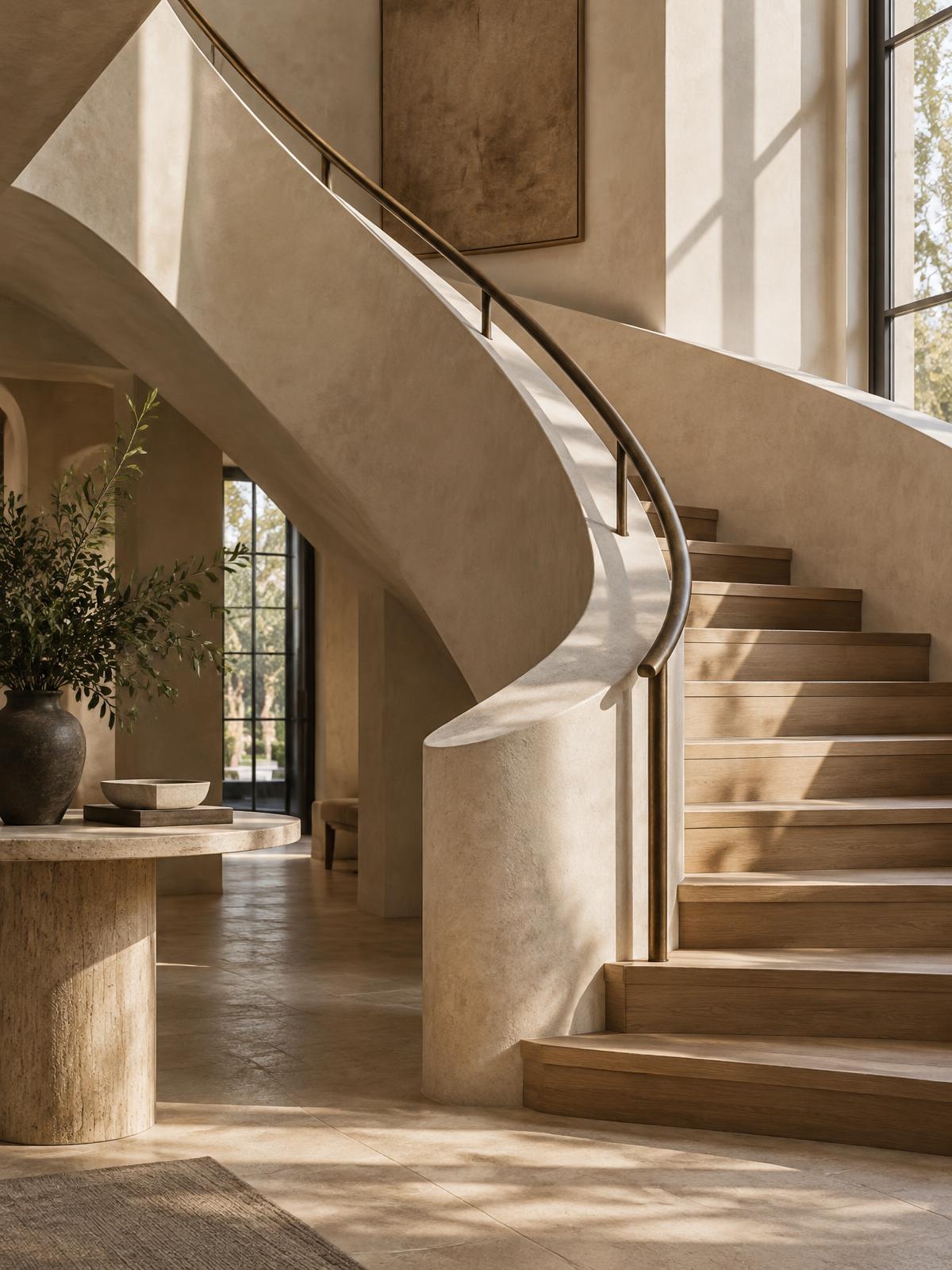 Sculptural limestone staircase with bronze handrail